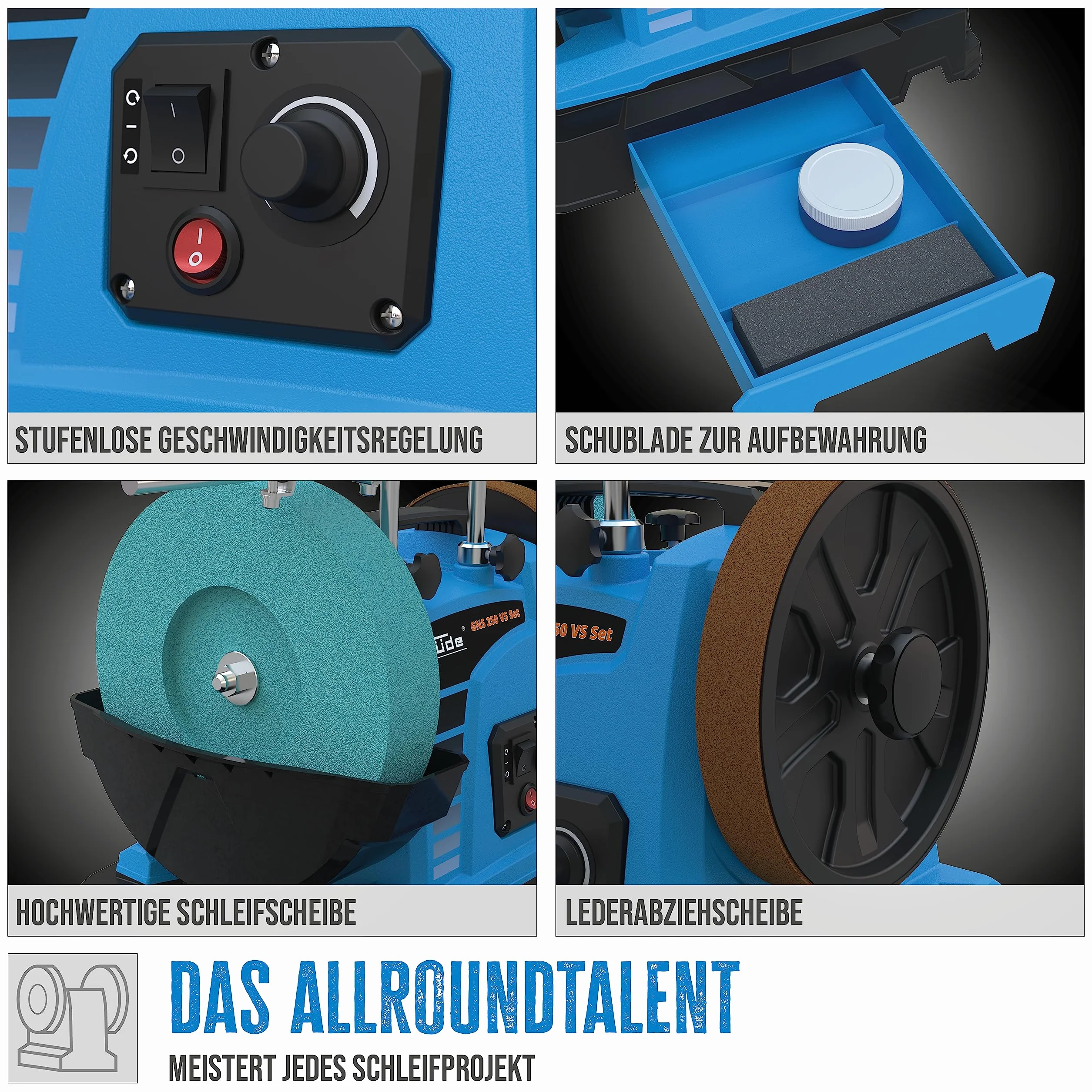 Güde Zestaw szlifierek na mokro GNS 250 VS (150 W, silnik indukcyjny, kamień szlifierski z korundu szlachetnego Ø 250 mm/220 K, tarcza do ściągania skóry, nadaje się do stali narzędziowej powyżej 60