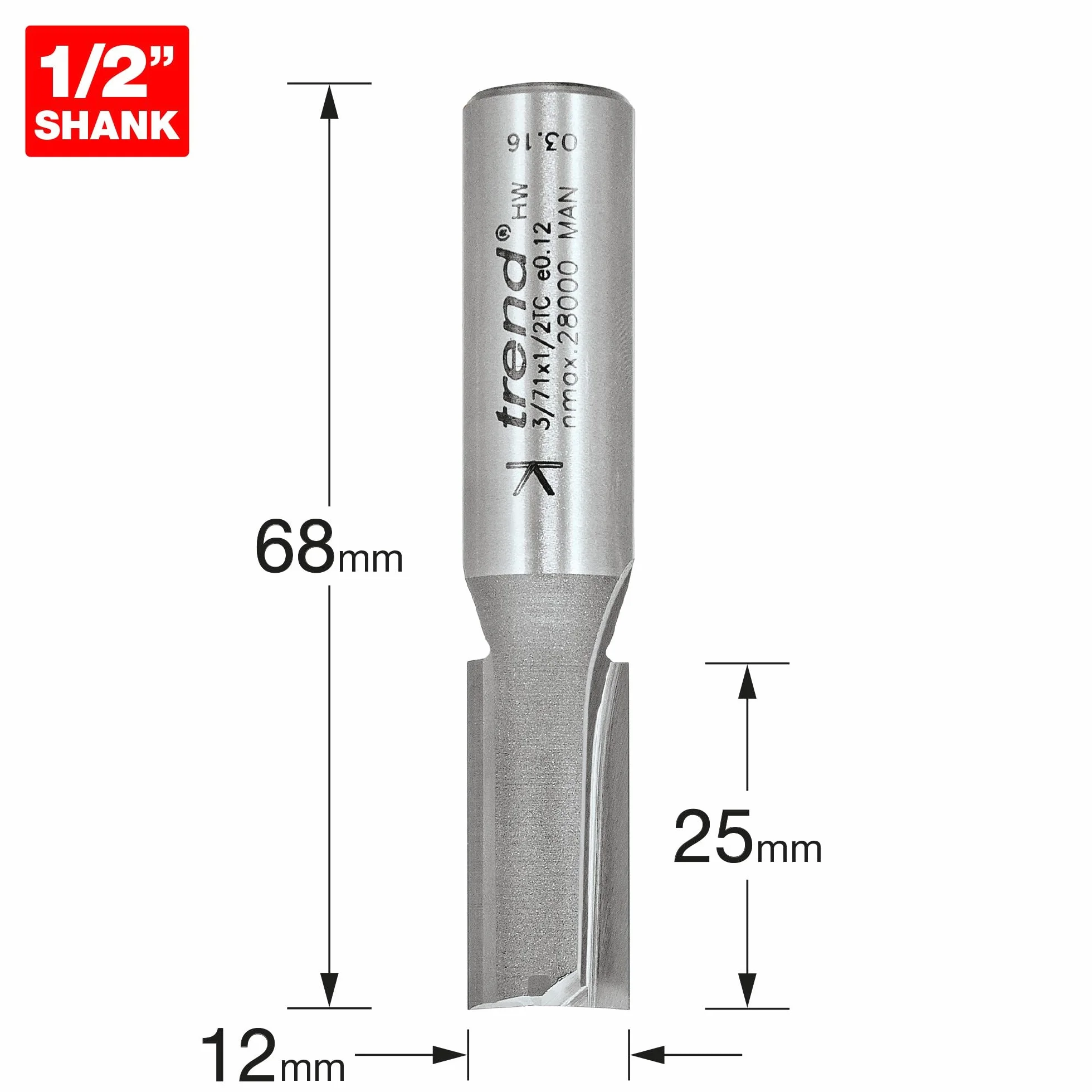 Trend Profesjonalny frez prosty dwupiórowy do frezarki górnowrzecionowej, trzpień 1/2 cala, średnica cięcia 12 mm, długość cięcia 25 mm, węglik spiekany (TCT), 3/71X1/2TC
