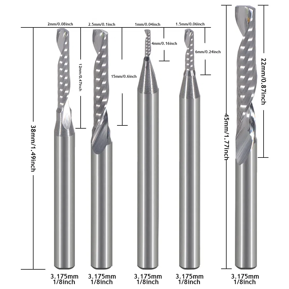 EU_HOZLY 1 mm 1,5 mm 2,0 mm 2,5 mm 3,175 mm węglik 1 frez spiralny frez frez CNC frezy do grawerowania frezy