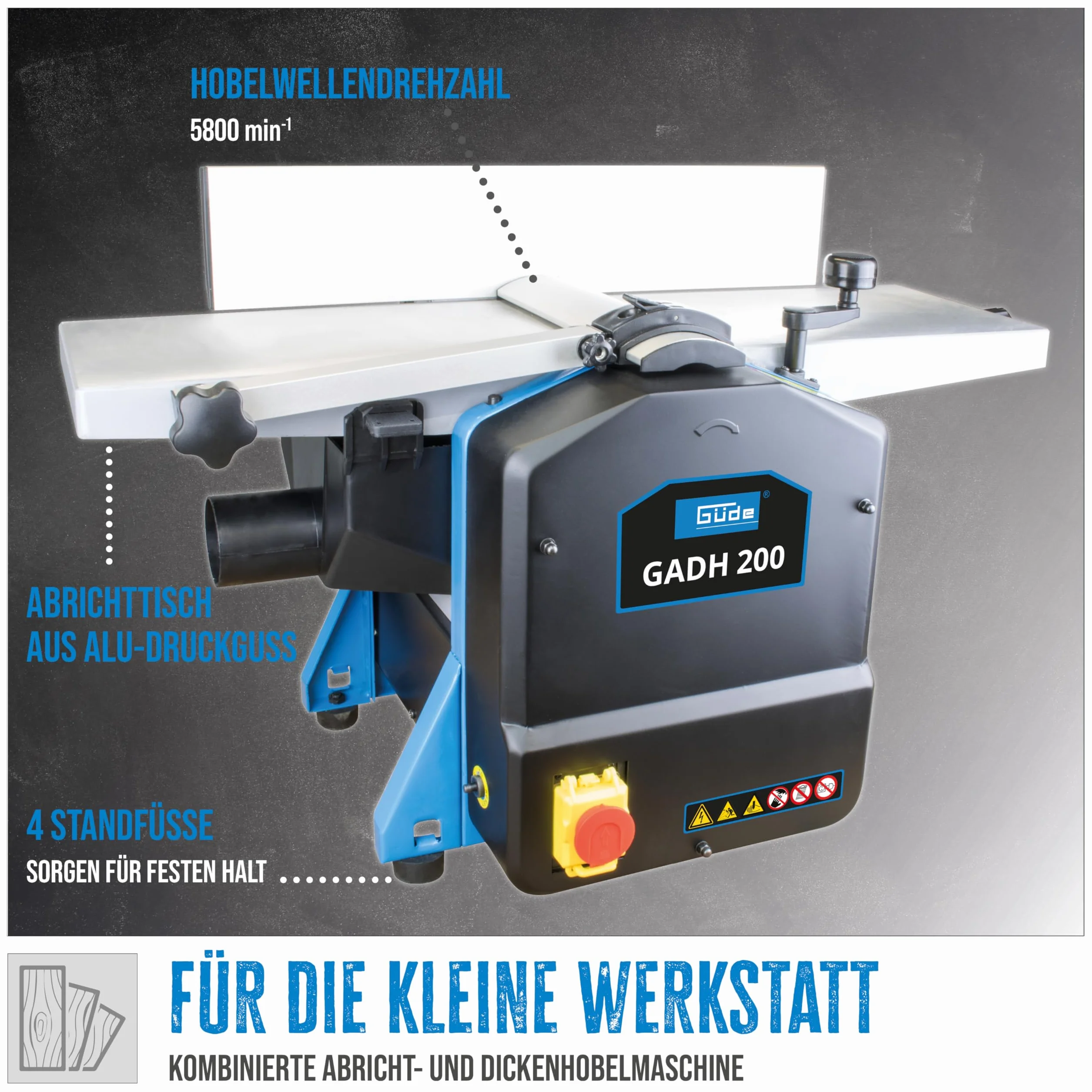 Güde 55440 strug grubościowy GADH 200 (stoły z odlewu ciśnieniowego aluminium, zabezpieczenie wału strugowego, wyłącznik przeciążeniowy), niebieski, 82 x 46 cm