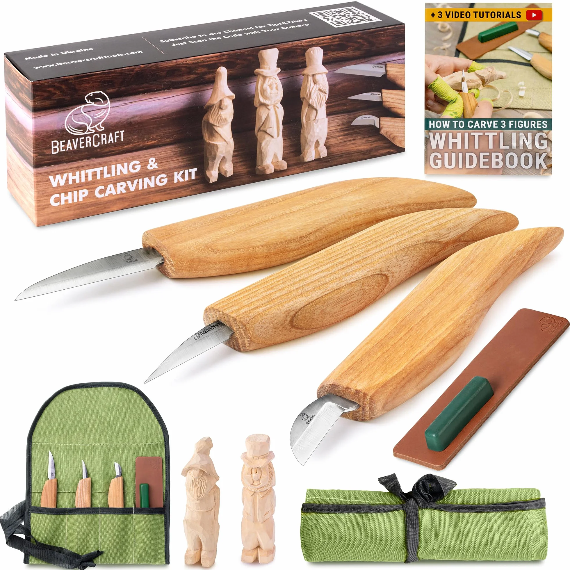 BeaverCraft Zestaw noży do rzeźbienia w drewnie S15 - Nóż Sloyd, noże do strugania, pasek skórzany, pasta polerska