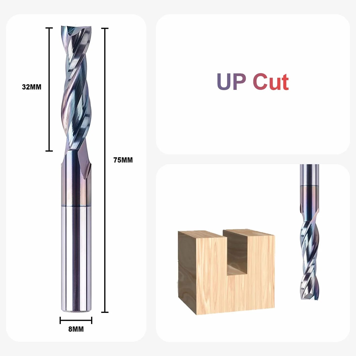 SpeTool Frez Spiralny 8 mm, Upcut 32 mm, Długość Cięcia, Z Powłoką SPE-X, CNC Do Frezarki Górnowrzecionowej, 2 Flety, VHM, Trzpieniowy