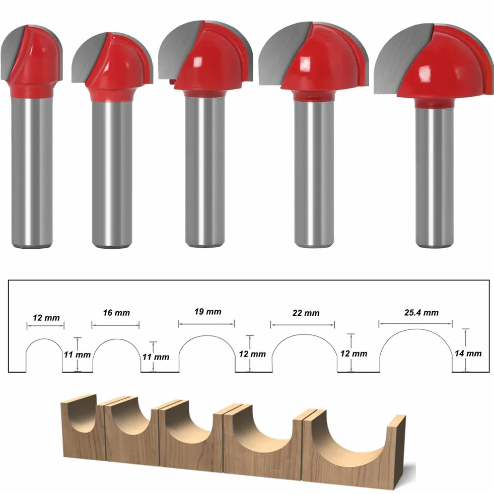5 sztuk frezów kulowych z drewna, jaskółczy ogon, trzpień 8 mm, frez do frezów 8 mm, trzpień jaskółczy ogon – 12 mm/16 mm/19 mm/22 mm/25,4 mm