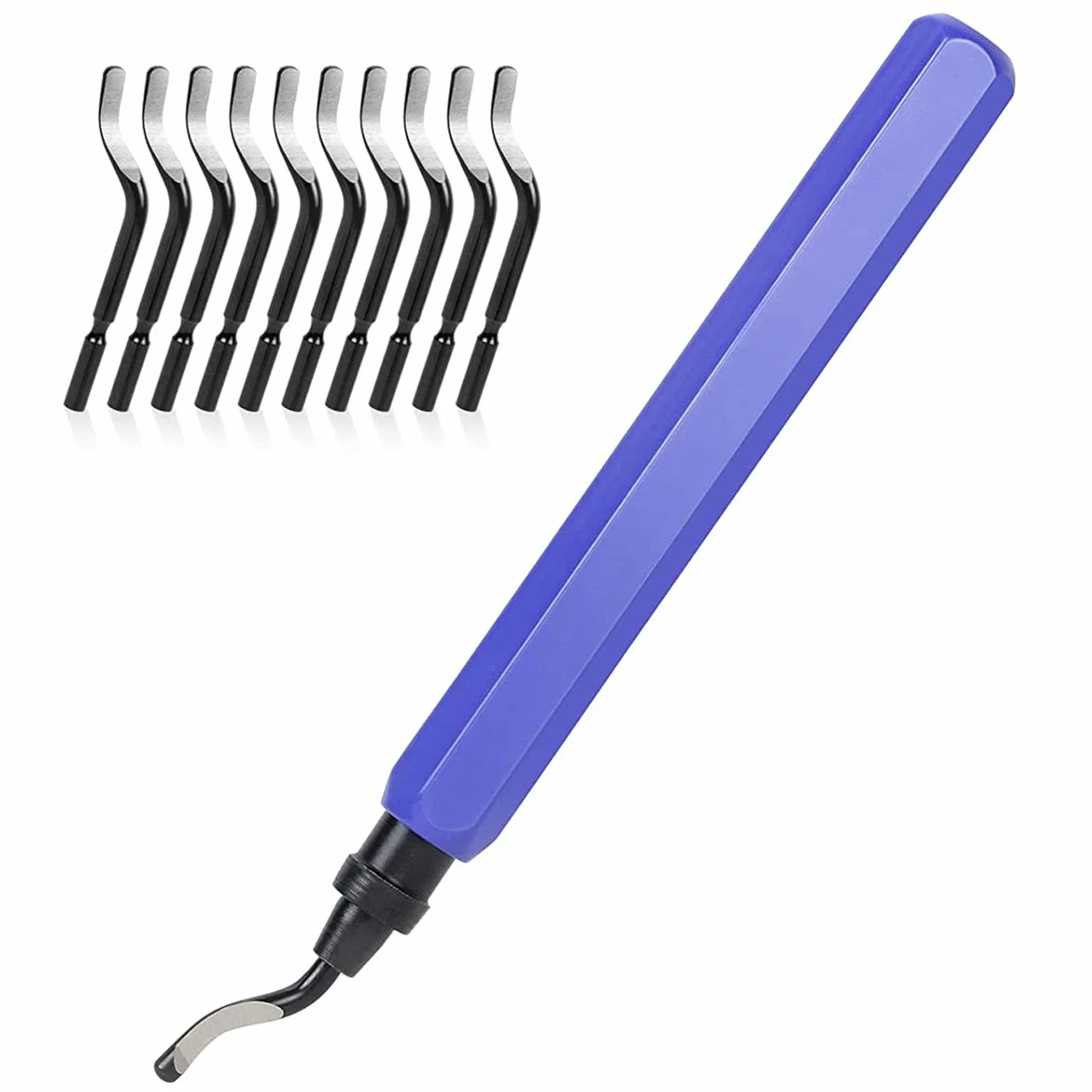 flintronic Narzędzie do usuwania zadziorów, zestaw narzędzi do gratowania, 1 x metalowy uchwyt gratowania + 11 x BS1010 HSS ostrza obrotowe o 360°, metalowe ostrza do usuwania zadziorów do rur druku 3D, plastiku, aluminium, miedzi, PCW i stali