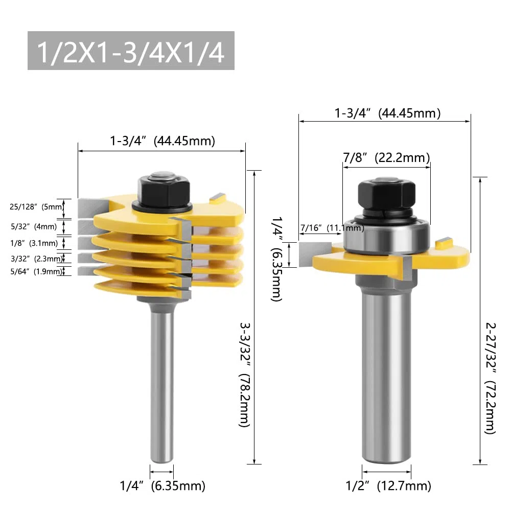 2 Szt. 6-częściowy Frez Do Rowków 3-skrzydłowy Zestaw Bitów Frezów Obróbki Drewna Narzędzie Cięcia Dłuta 8 Mm Trzpień(12.7mm Shank)