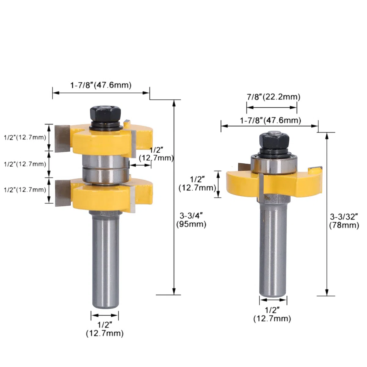 Zestaw frezów do piór i wpustów, 2 sztuki w kształcie litery T, 3 zęby z 2 łożyskami, frez do obróbki drewna, trzpień 1/2 cala do ościeżnic drzwi szafek, paneli ściennych, blatów.