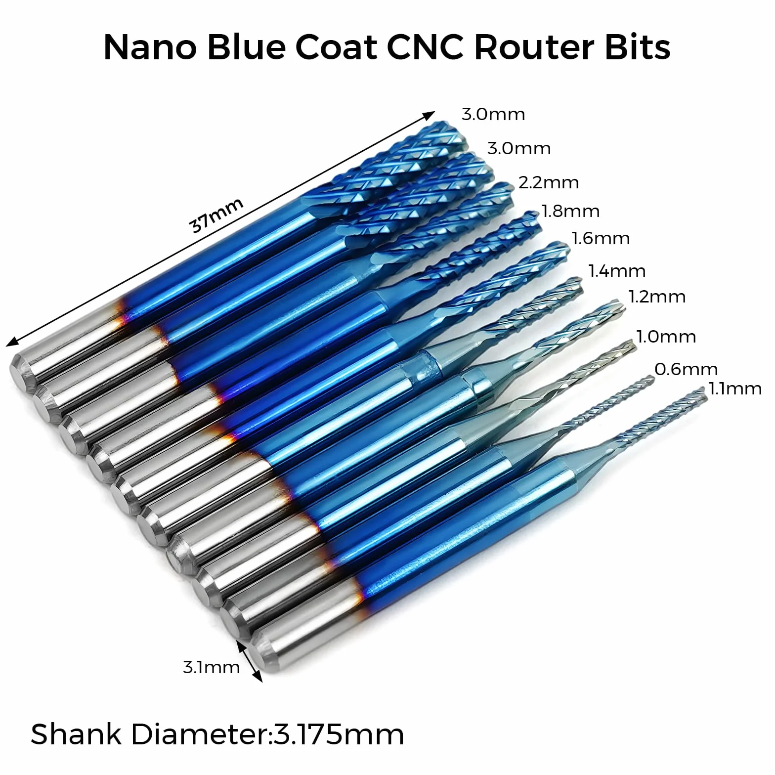 Twotrees Zestaw frezów trzpieniowych z łącznie 40 frezami CNC Router Bits, trzon 3,175 mm (1/8"), zestaw frezów CNC z 2 rowkami frezami płaskimi i kulowymi, powłoka Nano Blue i powłoka tytanowa