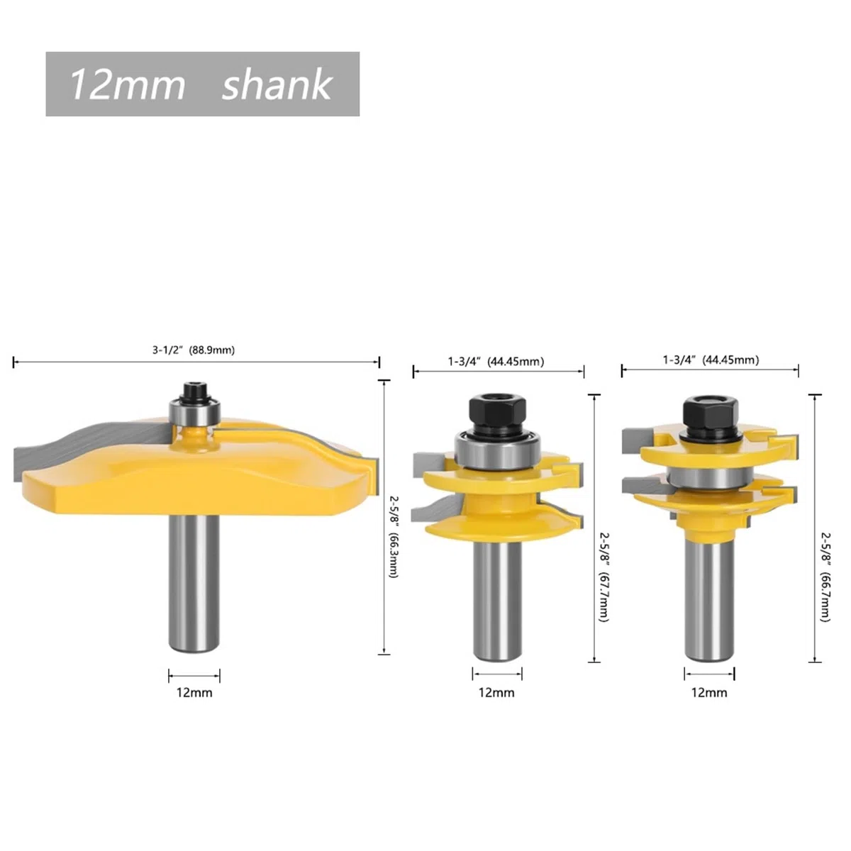 Zestaw 3 szt. frezów do drewna z trzpieniem 12 mm i 1/2 cala paneli drzwiowych szafek, narzędzi skrawających Do wiertarki stołowej(12mm shank)