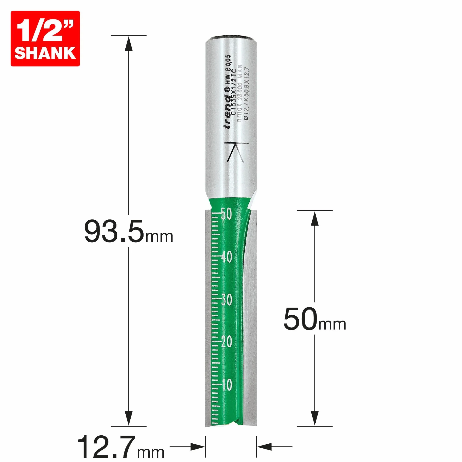 Trend CraftPro frez prosty dwupiórowy do frezarki górnowrzecionowej, trzpień 1/2 cala, średnica cięcia 12,7 mm i długość cięcia 50 mm, węglik spiekany (TCT), C153SX1/2TC