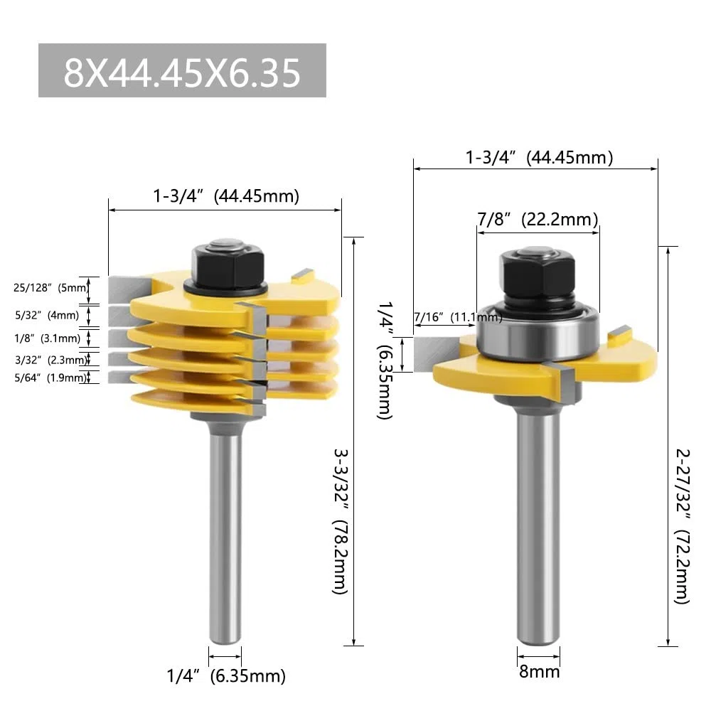 2 Szt. 6-częściowy Frez Do Rowków 3-skrzydłowy Zestaw Bitów Frezów Obróbki Drewna Narzędzie Cięcia Dłuta 8 Mm Trzpień(12.7mm Shank)