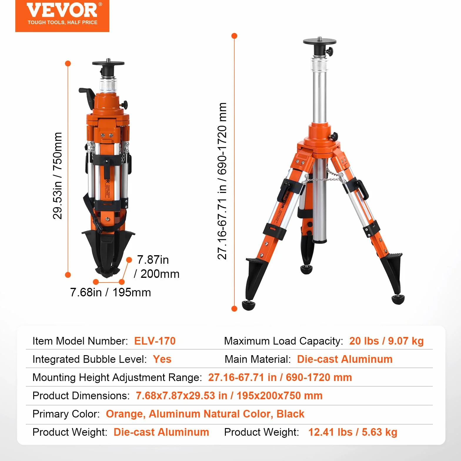 VEVOR Statyw budowlany, uchwyt gwintowany 5/8"-11, regulacja wysokości 690-1720 mm, wytrzymały statyw pomiarowy, z poziomicą i ogranicznikiem dyfuzji, antypoślizgowe nóżki do laserów i urządzeń