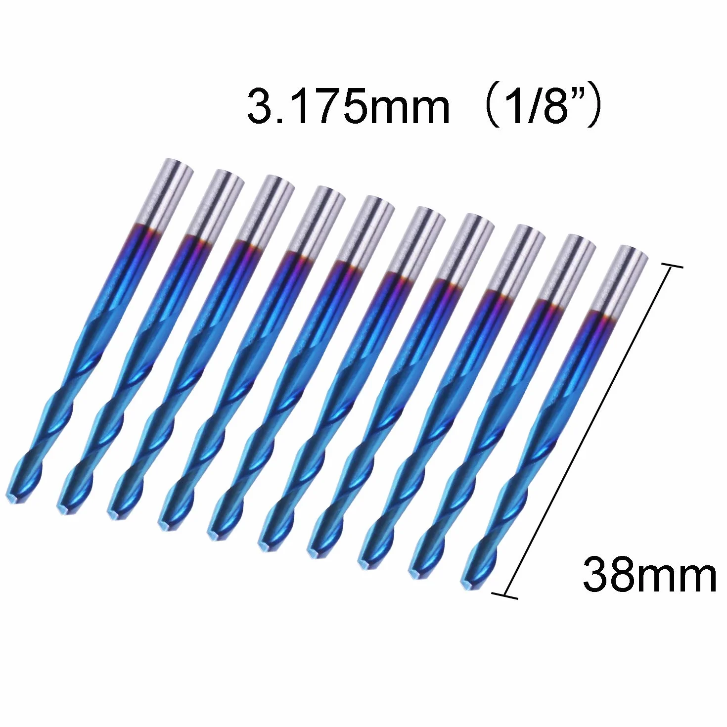 SainSmart Genmitsu 10 szt. Nano Blue Coat frez trzpieniowy do płaskiego nosa, frez trzpieniowy CNC, 1/8", spirala Upcut, 2 końcówki poprzeczne, zestaw frezów trzpieniowych do akrylu, drewna PCB (3,175