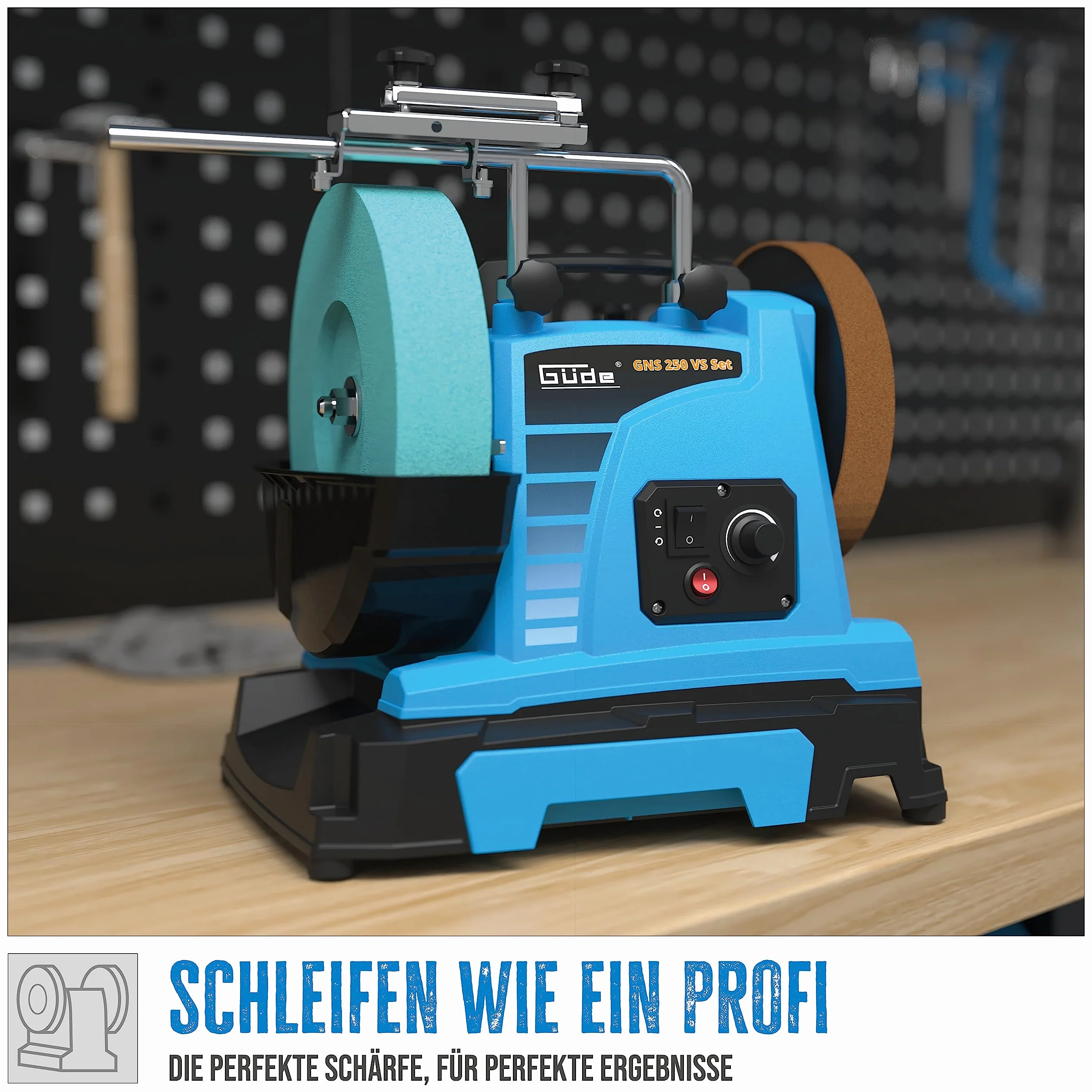 Güde Zestaw szlifierek na mokro GNS 250 VS (150 W, silnik indukcyjny, kamień szlifierski z korundu szlachetnego Ø 250 mm/220 K, tarcza do ściągania skóry, nadaje się do stali narzędziowej powyżej 60