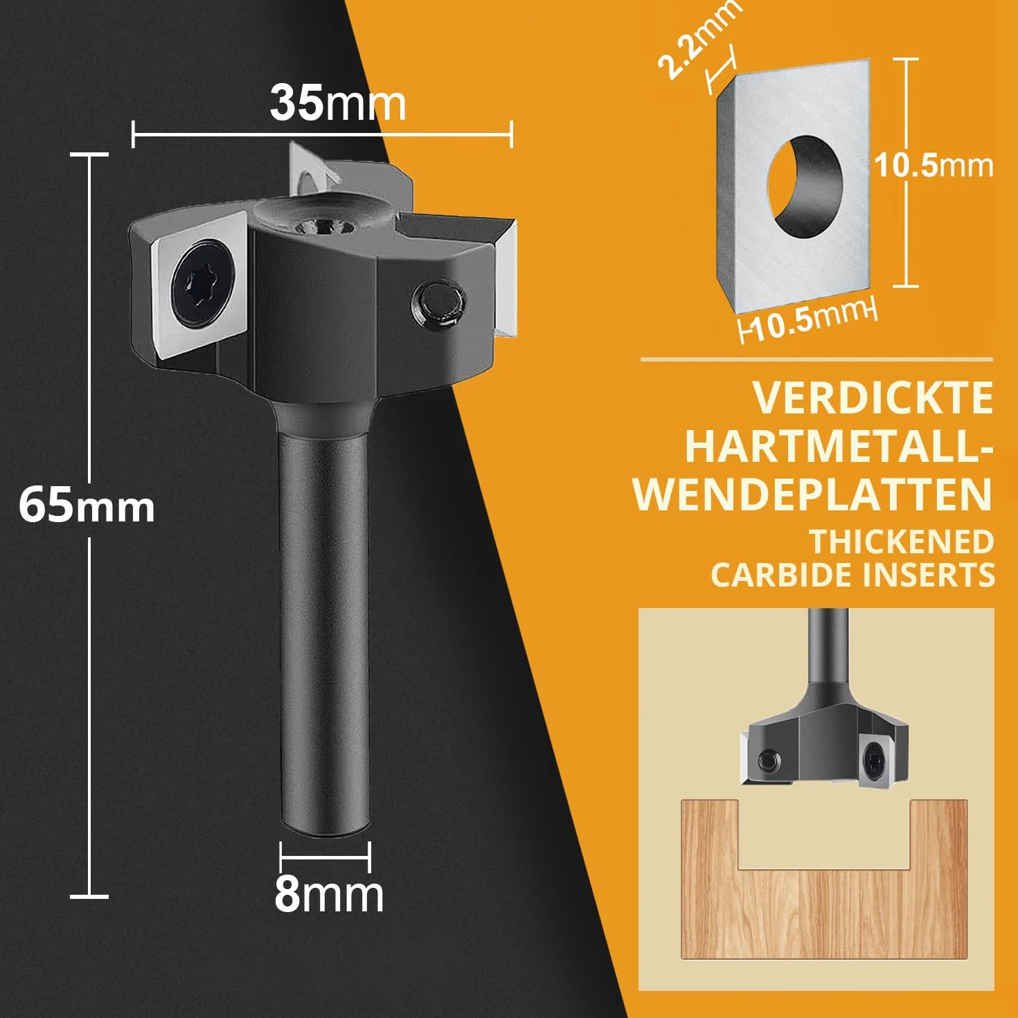 SpeTool Frez płaski, trzpień 8 mm, średnica 35 mm, precyzyjny frez powierzchniowy z 3 wymiennymi nożami z węglików spiekanych (10,5 mm x 10,5 mm x 2,2 mm), 3 flety CNC VHM frez czołowy do frezarki