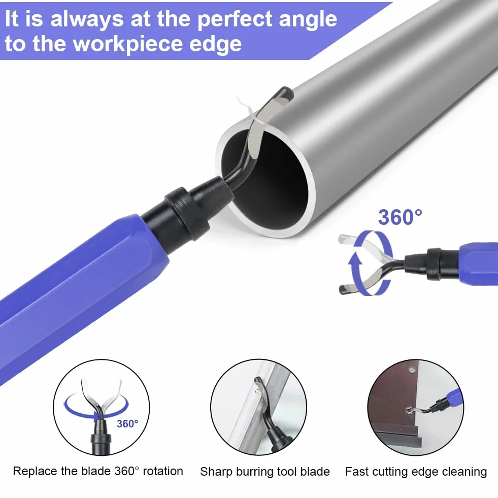 flintronic Narzędzie do usuwania zadziorów, zestaw narzędzi do gratowania, 1 x metalowy uchwyt gratowania + 11 x BS1010 HSS ostrza obrotowe o 360°, metalowe ostrza do usuwania zadziorów do rur druku 3D, plastiku, aluminium, miedzi, PCW i stali