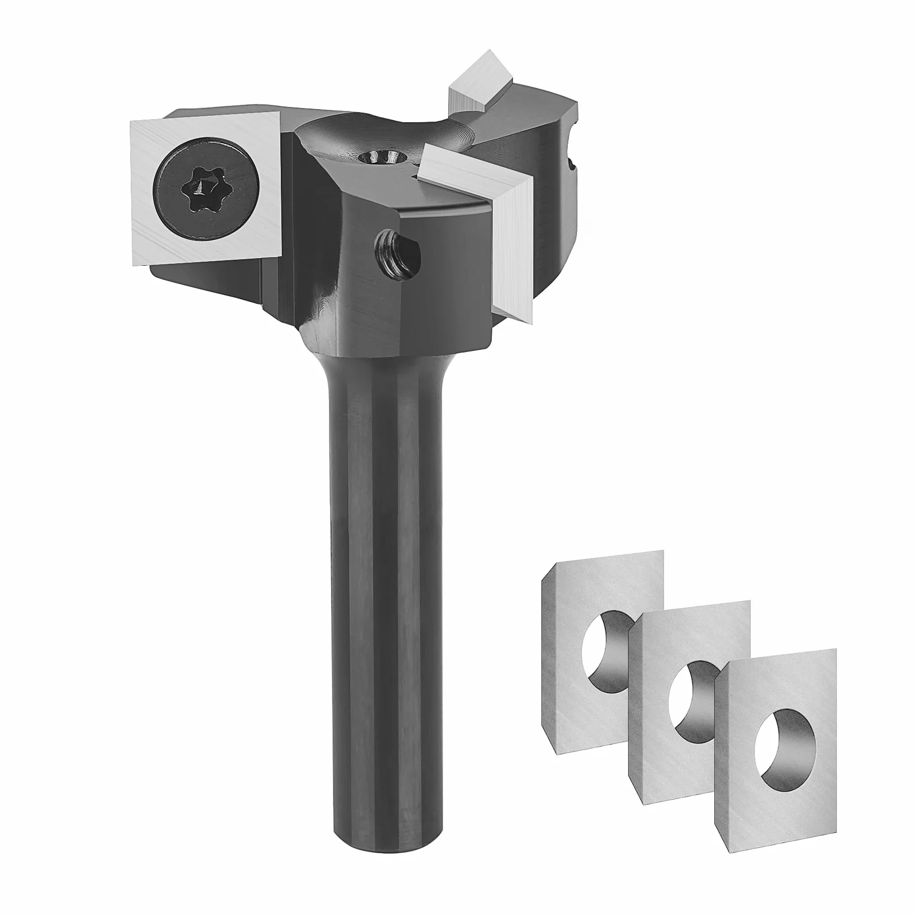 SpeTool Frez płaski, trzpień 8 mm, średnica 35 mm, precyzyjny frez powierzchniowy z 3 wymiennymi nożami z węglików spiekanych (10,5 mm x 10,5 mm x 2,2 mm), 3 flety CNC VHM frez czołowy do frezarki