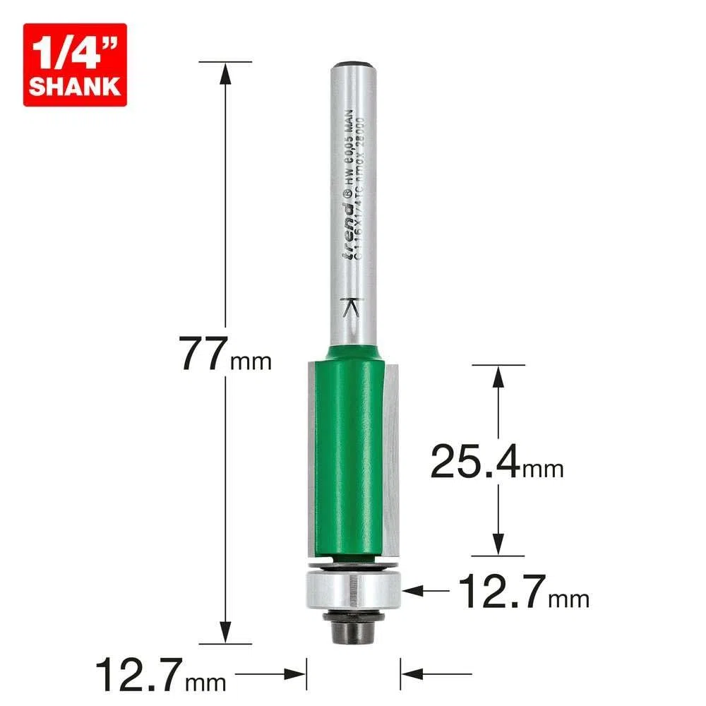 Trend frez krawędziujący z łożyskiem, trzpień 1/4, Ø12,7 mm, 25,4 mm | Frez z prowadzeniem łożyskowym i końcówką z węglika spiekanego: Ø12,7 mm i dł. cięcia 25,4 mm, C116X1/4TC