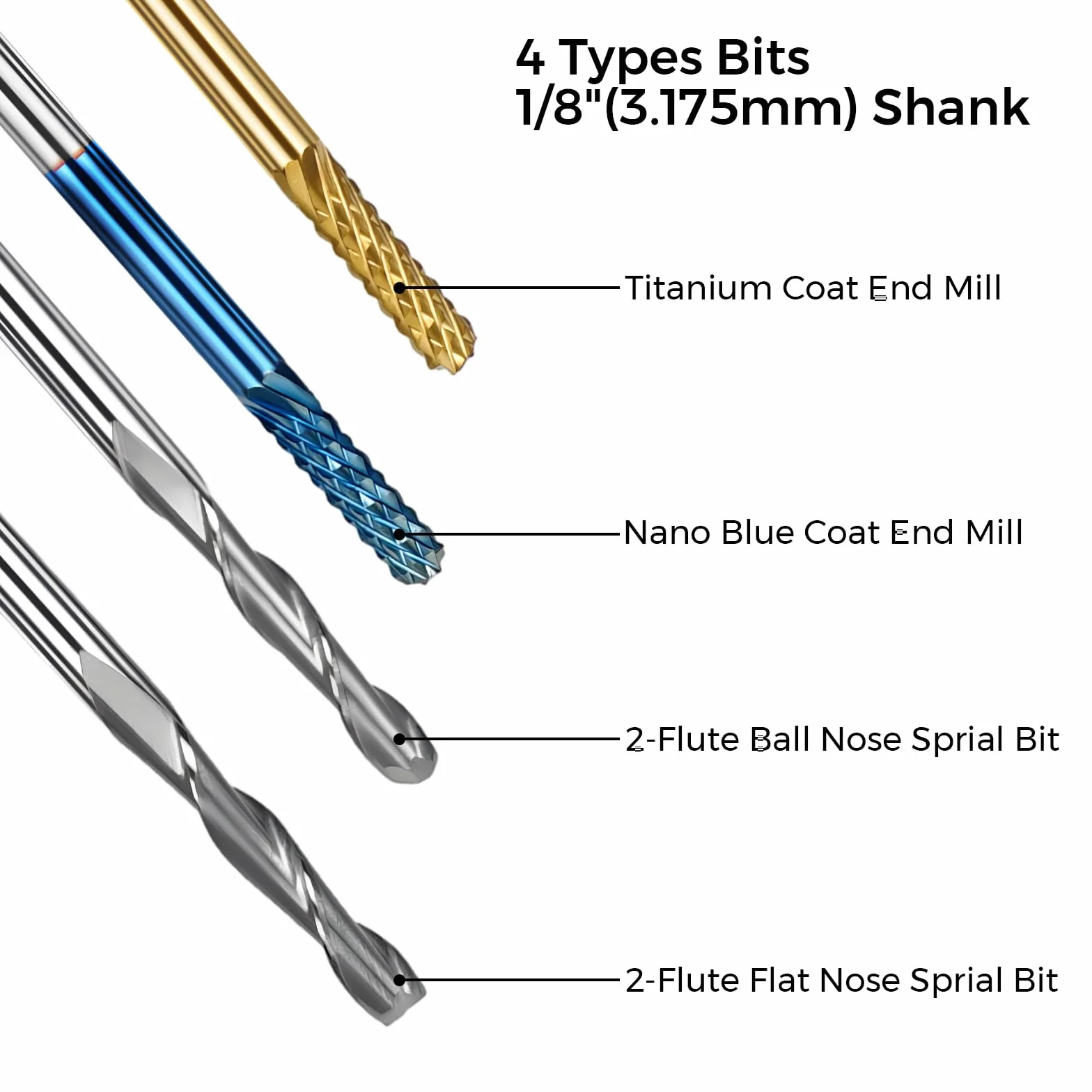 Twotrees Zestaw frezów trzpieniowych z łącznie 40 frezami CNC Router Bits, trzon 3,175 mm (1/8"), zestaw frezów CNC z 2 rowkami frezami płaskimi i kulowymi, powłoka Nano Blue i powłoka tytanowa