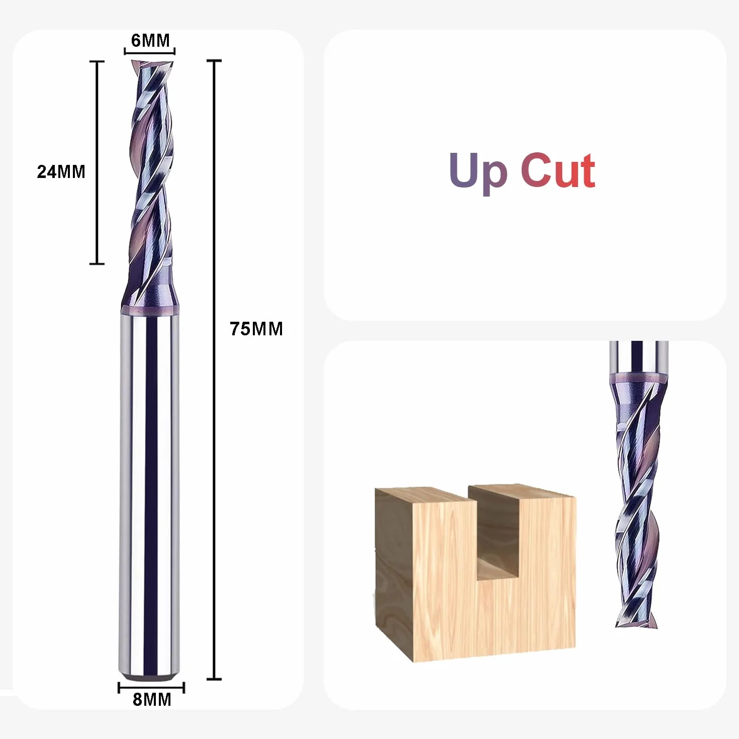 SpeTool Frez spiralny 8 mm chwyt Upcut 6 mm średnica cięcia CNC 2 flety frez do górnowrzecionowy frez do drewna 24 mm długość cięcia frez do rowków VHM frez trzpieniowy frez do rowków spiralnych