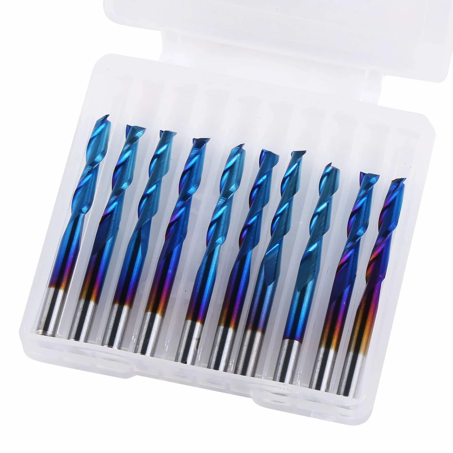 SainSmart Genmitsu 10 szt. Nano Blue Coat frez trzpieniowy do płaskiego nosa, frez trzpieniowy CNC, 1/8", spirala Upcut, 2 końcówki poprzeczne, zestaw frezów trzpieniowych do akrylu, drewna PCB (3,175
