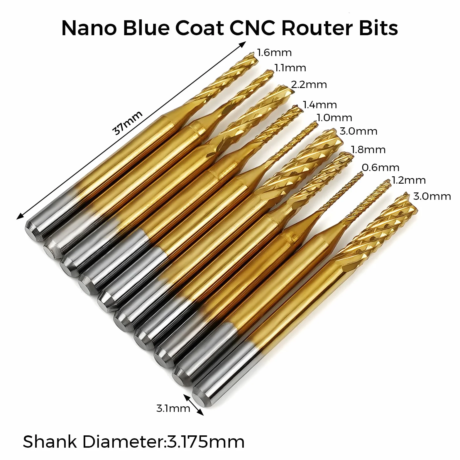 Twotrees Zestaw frezów trzpieniowych z łącznie 40 frezami CNC Router Bits, trzon 3,175 mm (1/8"), zestaw frezów CNC z 2 rowkami frezami płaskimi i kulowymi, powłoka Nano Blue i powłoka tytanowa