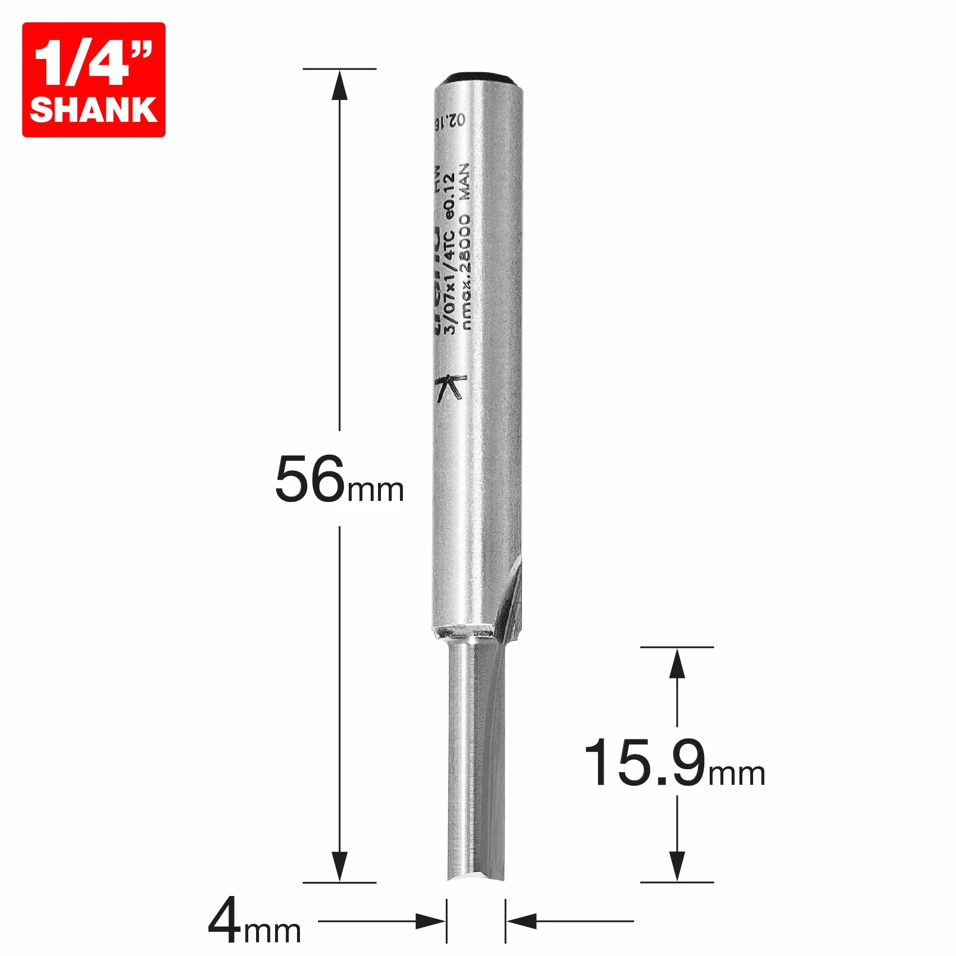 Trend Profesjonalny frez prosty dwupiórowy do frezarki górnowrzecionowej, trzpień 1/4 cala, średnica cięcia 4 mm, długość cięcia 15,9 mm, węglik spiekany (TCT), 3/07X1/4TC