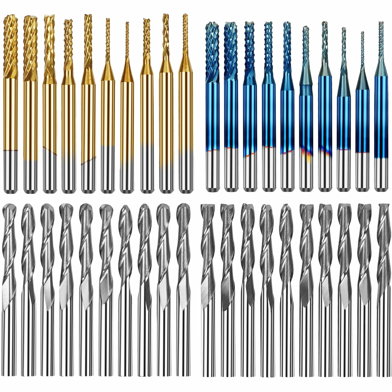 Twotrees Zestaw frezów trzpieniowych z łącznie 40 frezami CNC Router Bits, trzon 3,175 mm (1/8"), zestaw frezów CNC z 2 rowkami frezami płaskimi i kulowymi, powłoka Nano Blue i powłoka tytanowa