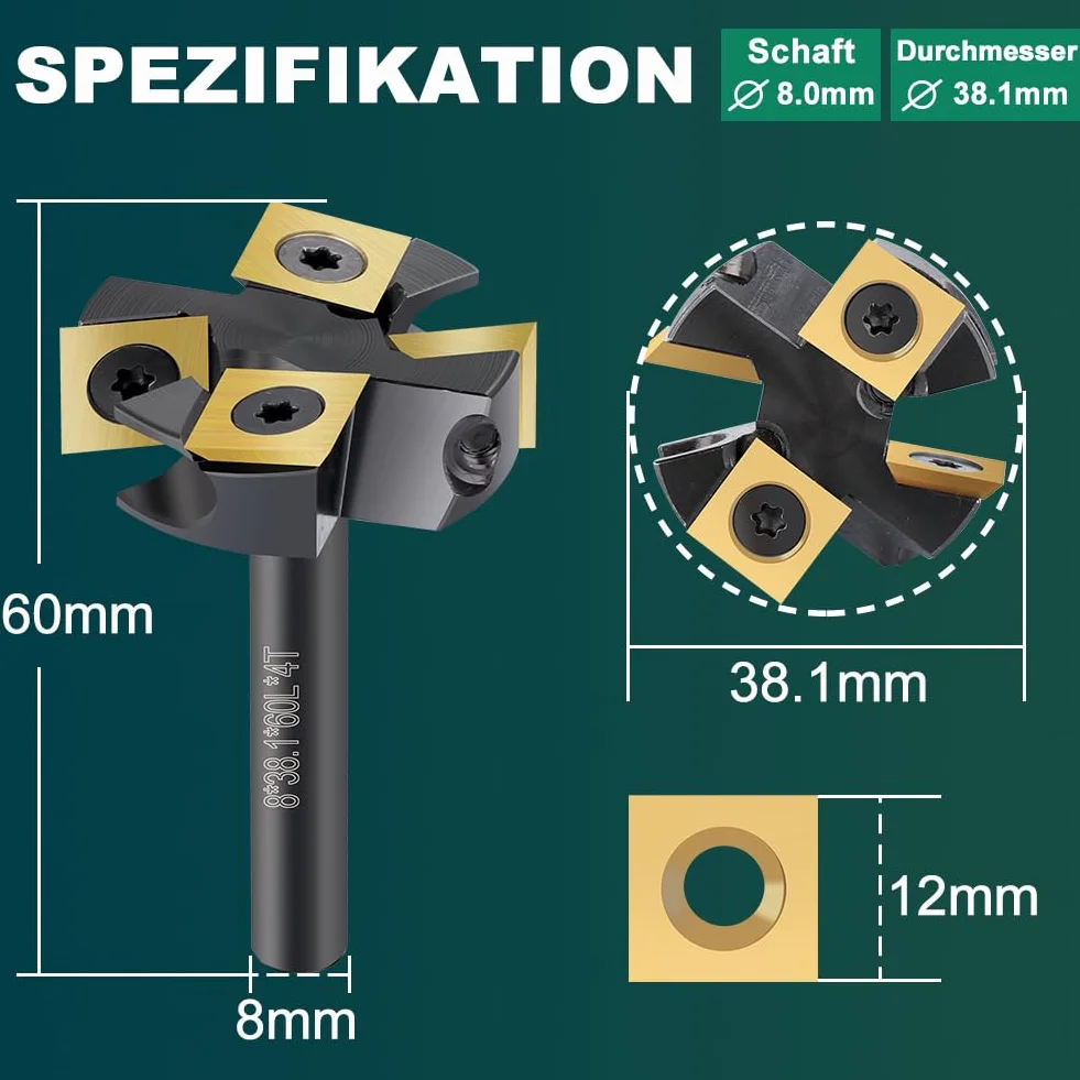 Frez czołowy 8 mm trzonek frez rowkowy 38,1 mm średnica cięcia frez czołowy do frezarki górnowrzecionowej CNC Frez do drewna z 4 nożami z twardego metalu TiN-besch 12 x 12 mm