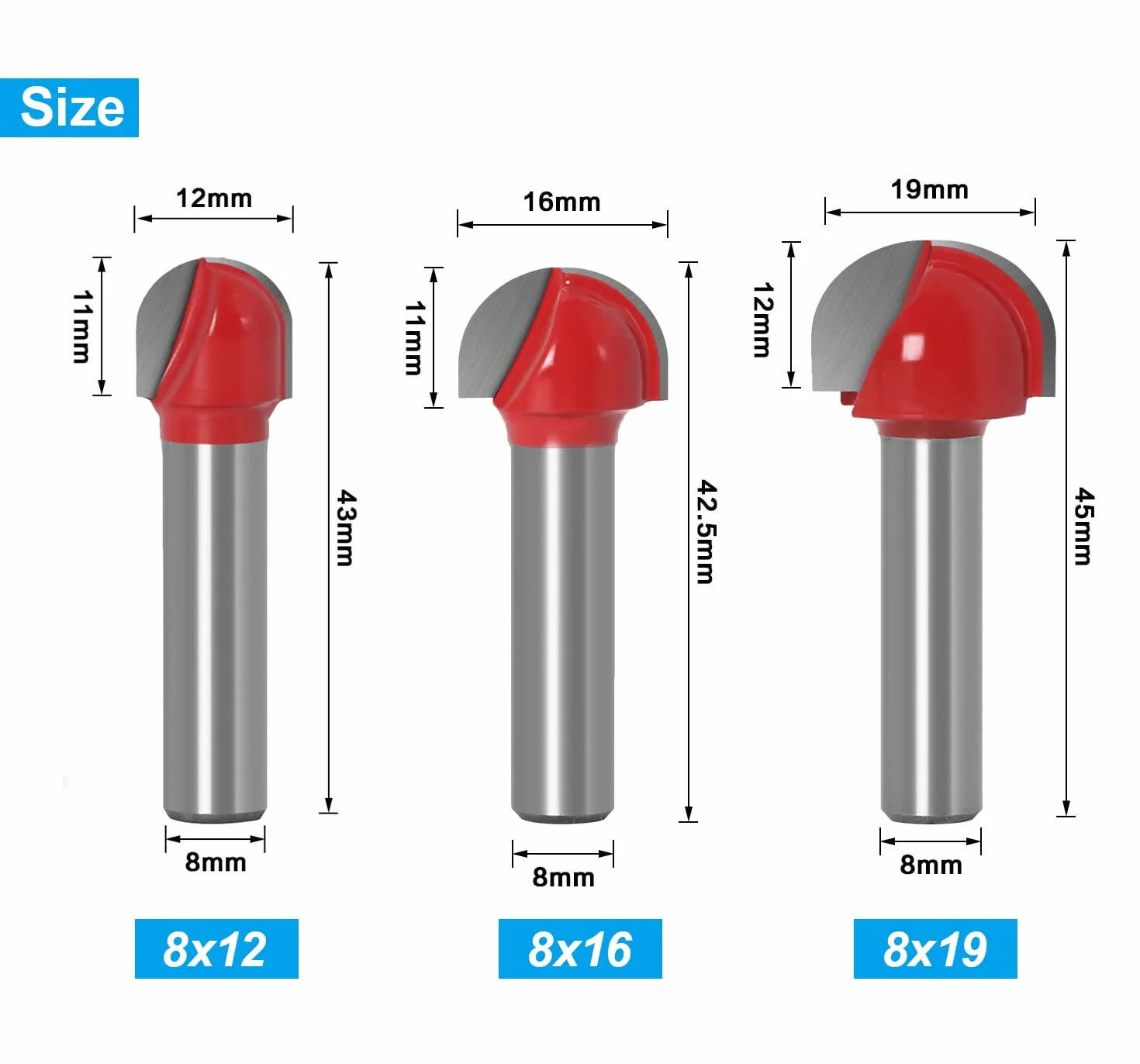 5 sztuk frezów kulowych z drewna, jaskółczy ogon, trzpień 8 mm, frez do frezów 8 mm, trzpień jaskółczy ogon – 12 mm/16 mm/19 mm/22 mm/25,4 mm
