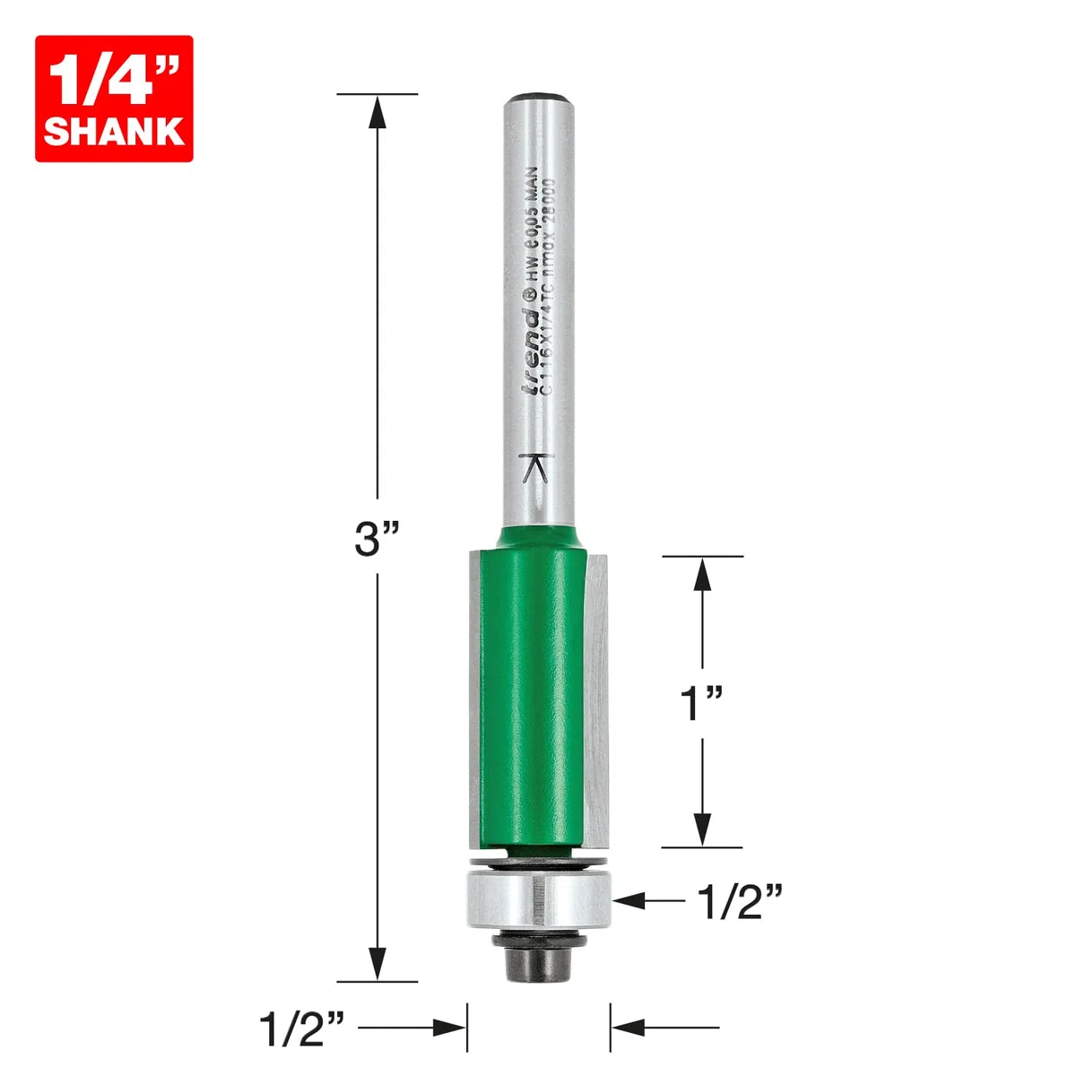 Trend frez krawędziujący z łożyskiem, trzpień 1/4, Ø12,7 mm, 25,4 mm | Frez z prowadzeniem łożyskowym i końcówką z węglika spiekanego: Ø12,7 mm i dł. cięcia 25,4 mm, C116X1/4TC