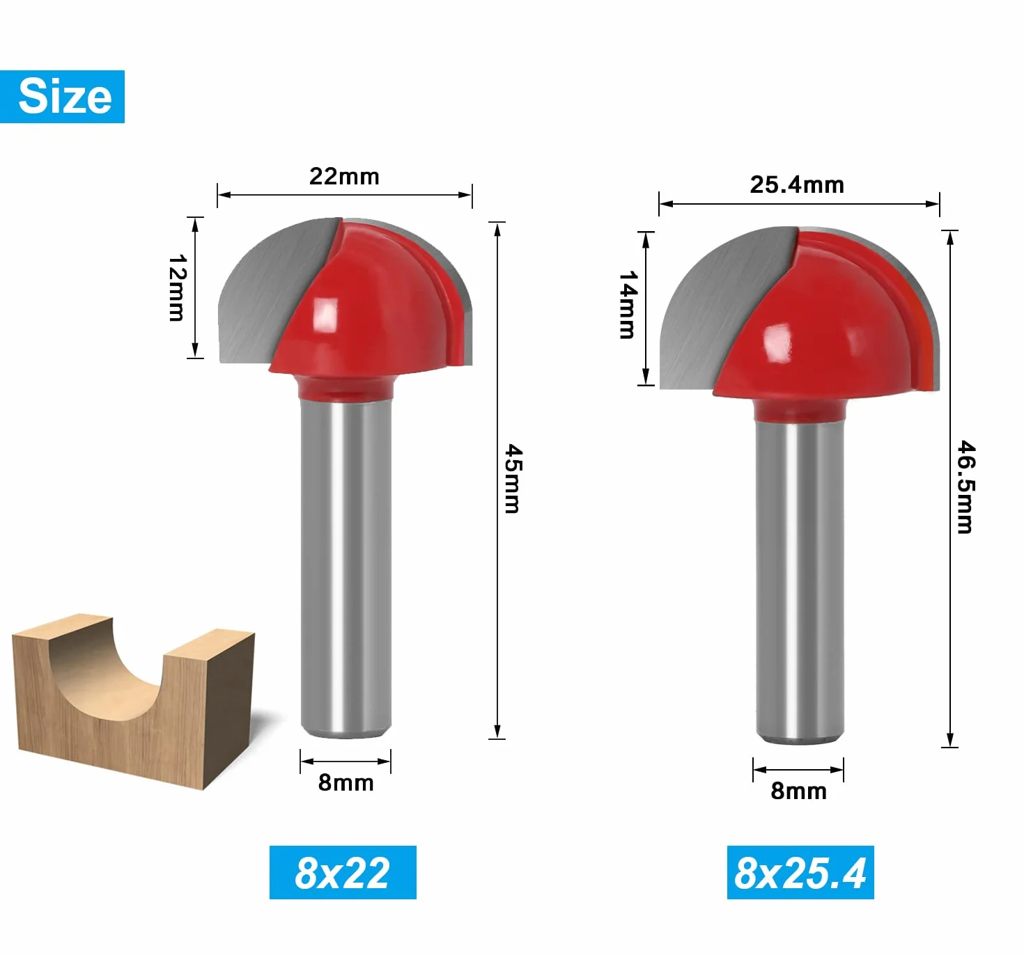 5 sztuk frezów kulowych z drewna, jaskółczy ogon, trzpień 8 mm, frez do frezów 8 mm, trzpień jaskółczy ogon – 12 mm/16 mm/19 mm/22 mm/25,4 mm