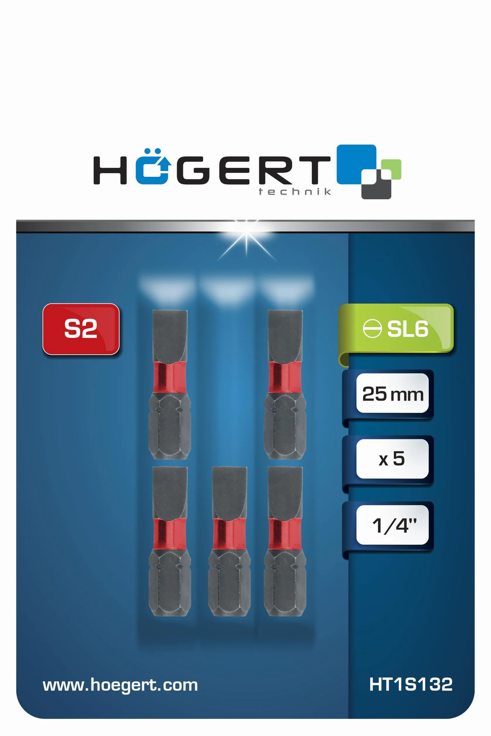 HÖGERT TECHNIK SL 6 bitów udarowych 25 mm – zestaw 5 szt. – płaskie bity ze stali S2 – sześciokątne 1/4" – wysoka obciążalność – do wkrętarki udarowej i wkrętarki akumulatorowej