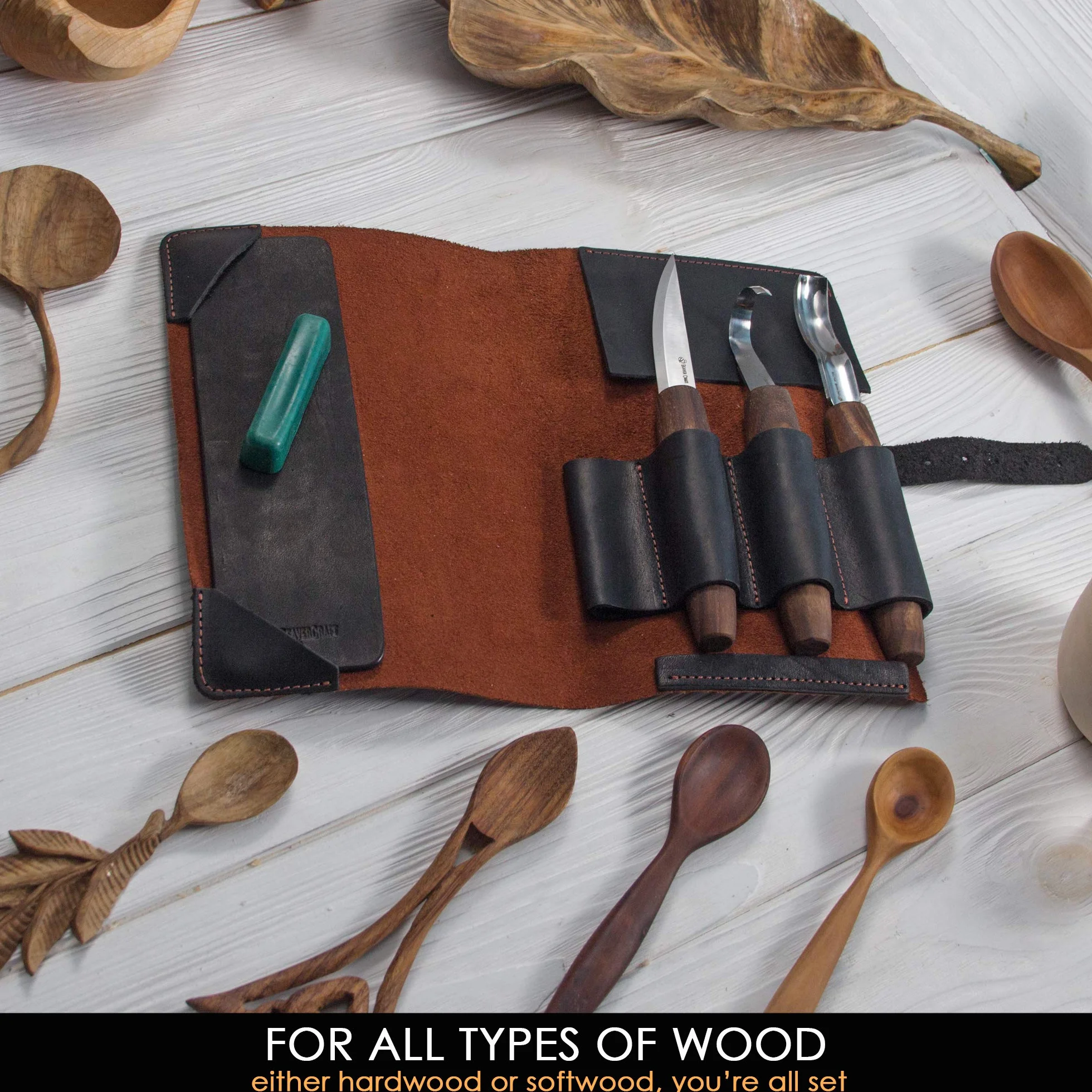 BeaverCraft Deluxe S14X Zestaw noży do rzeźbienia w drewnie ze skórzanym etui