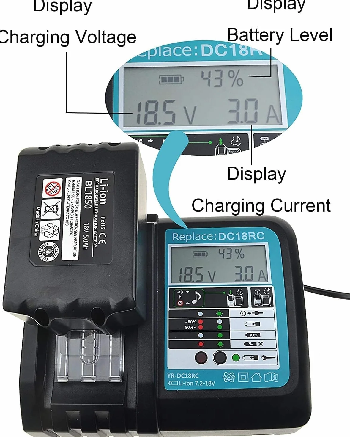 BL1850B 18 V 5Ah Bateria z ładowarką DC18RC do Makita 18 V LXT Litowo-jonowa BL1860B BL1850 BL1840 BL1830, kompatybilna z radiem DMR115 Makita wkrętarka 18 V
