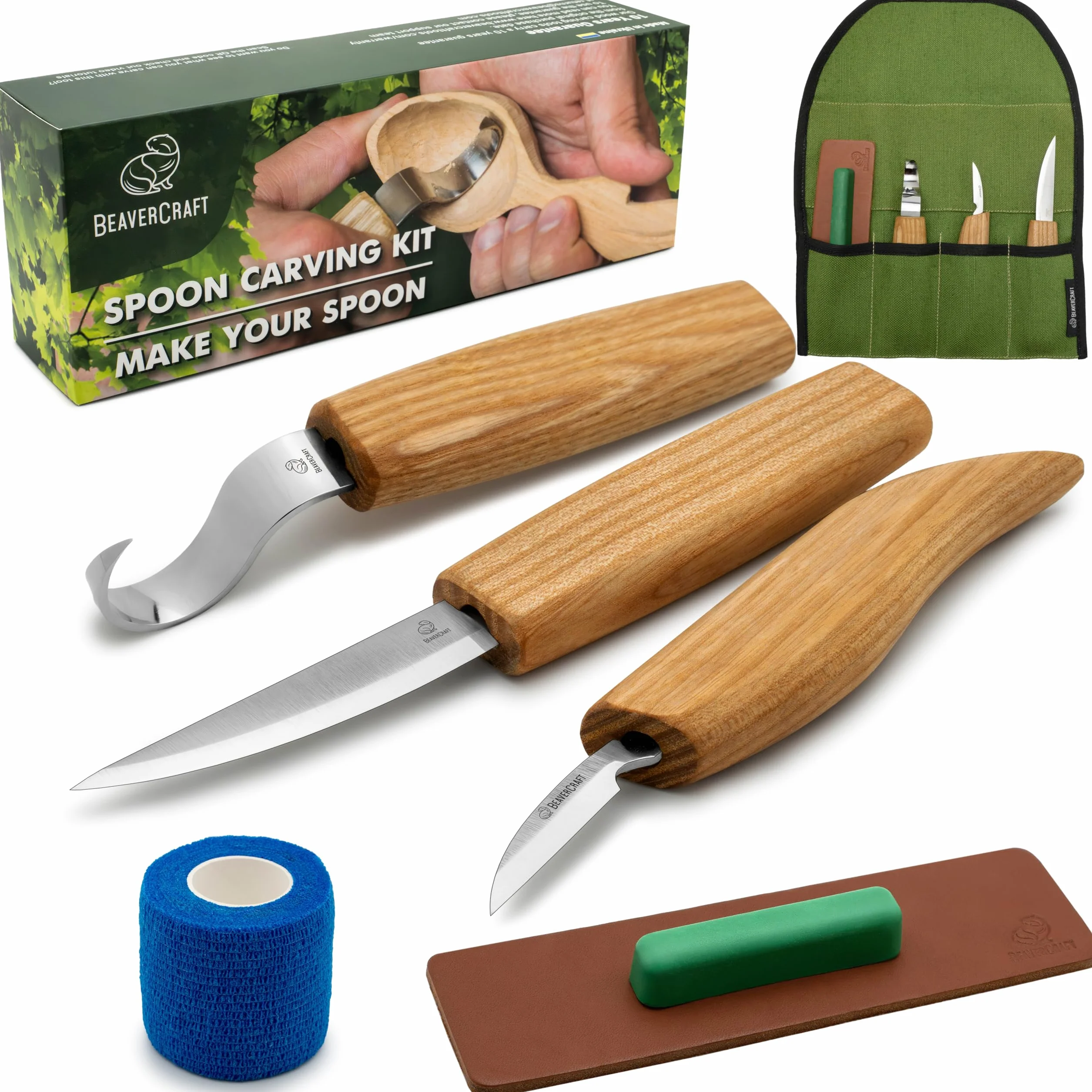 BeaverCraft zestaw narzędzi do rzeźbienia w drewnie S13L do rzeźbienia łyżek, 3 noże w zestawie, skórzany pasek i pasta polerska, hak, nóż do rzeźbienia łyżek, noże dla leworęcznych