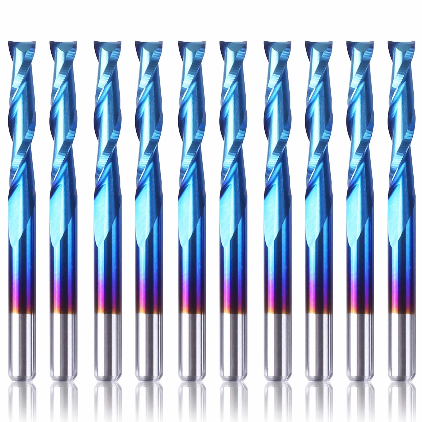 SainSmart Genmitsu 10 szt. Nano Blue Coat frez trzpieniowy do płaskiego nosa, frez trzpieniowy CNC, 1/8", spirala Upcut, 2 końcówki poprzeczne, zestaw frezów trzpieniowych do akrylu, drewna PCB (3,175