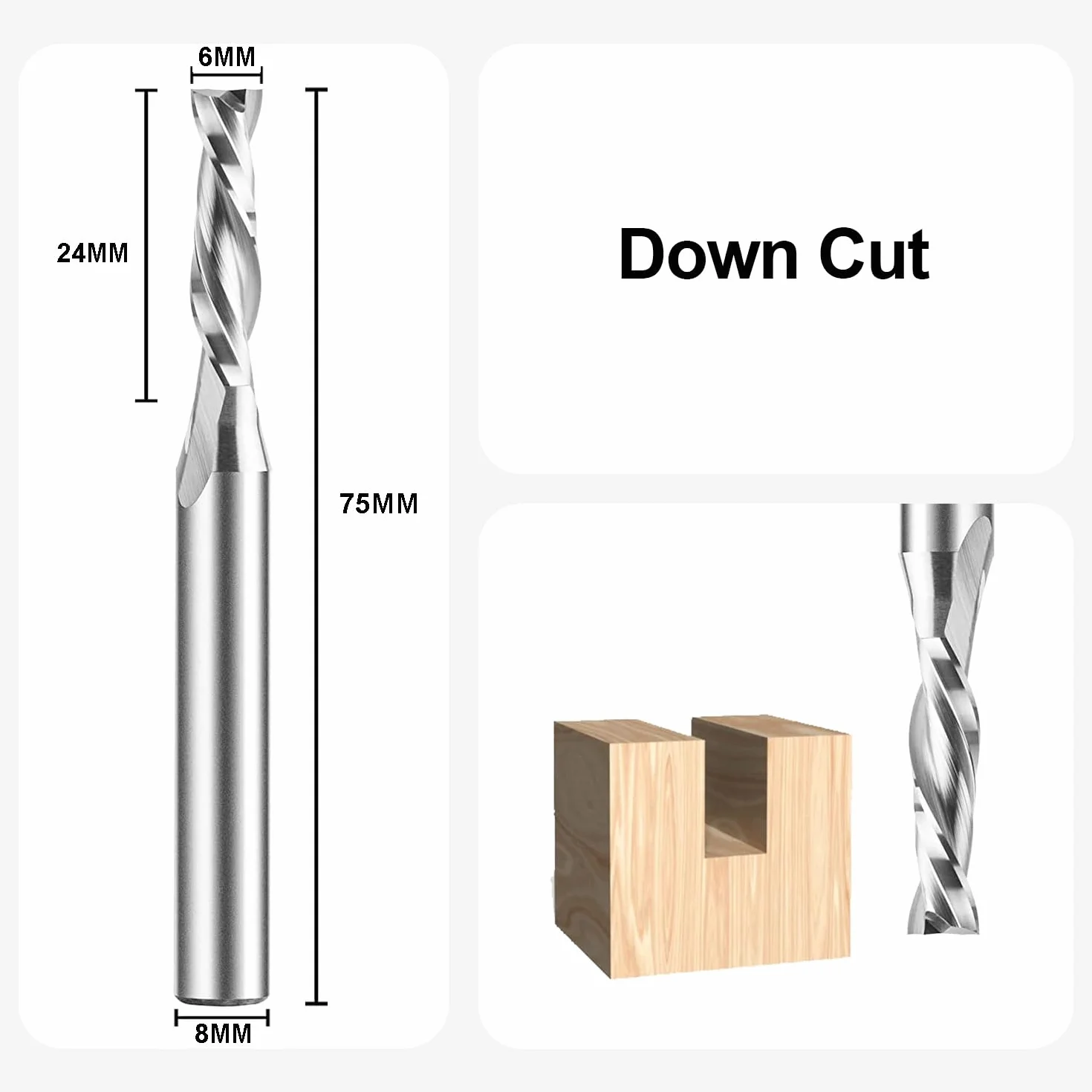 SepTool Down-cut CNC frez spiralny VHM frezy górnowrzecionowe, do drewna o średnicy cięcia 6 mm, trzpień 8 mm, do cięcia drewna