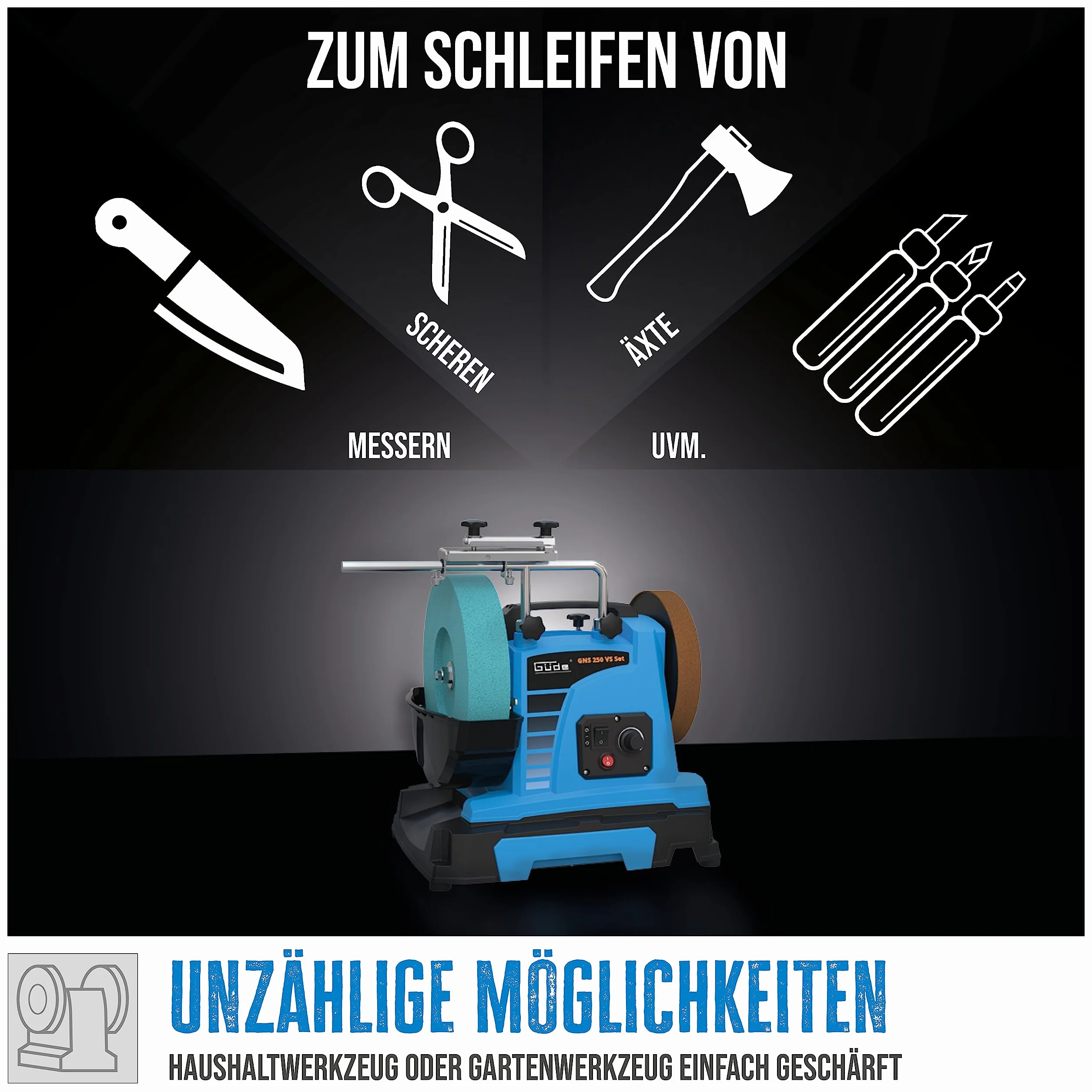 Güde Zestaw szlifierek na mokro GNS 250 VS (150 W, silnik indukcyjny, kamień szlifierski z korundu szlachetnego Ø 250 mm/220 K, tarcza do ściągania skóry, nadaje się do stali narzędziowej powyżej 60
