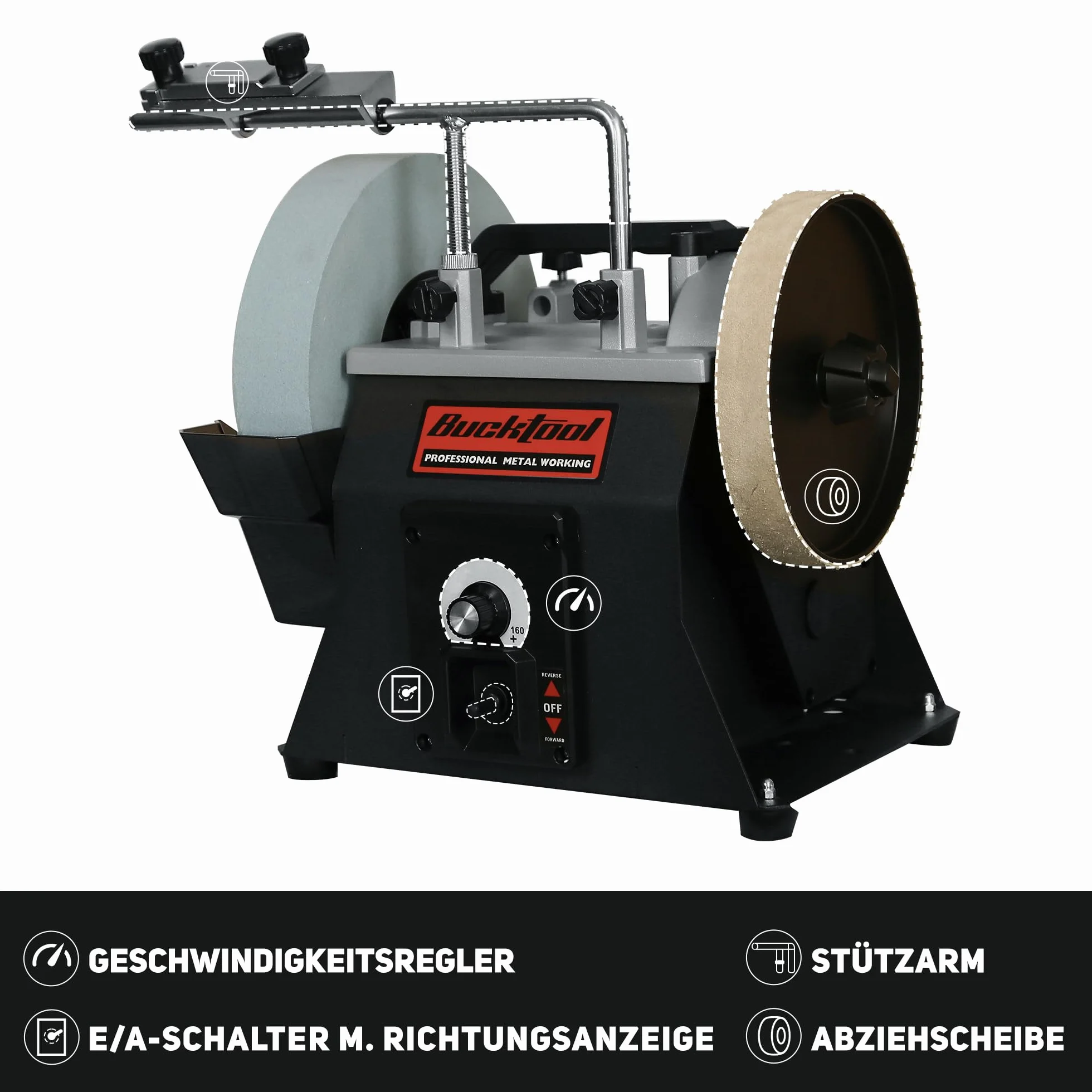 BUCKTOOL SCM8103 szlifierka na mokro 250 mm, ostrzałka do noży zmienna prędkość 90/150 W, 220 mm z tarczą ściągającą 200 mm