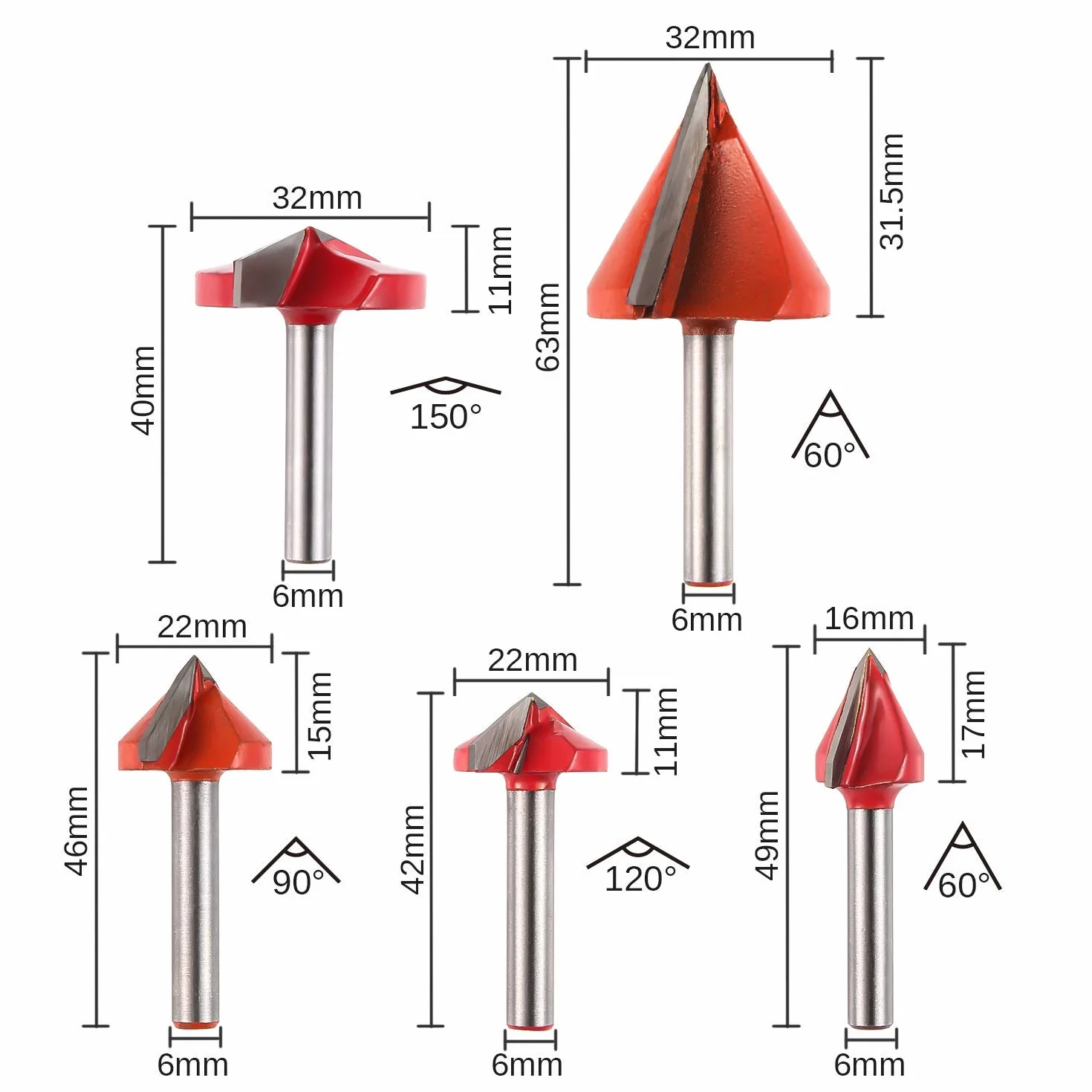 Genmitsu Zestaw frezów do rowków w kształcie litery V, kąt 60°, 90°, 120°, 150°, trzpień 6 mm, 3D V, frez do drewna, do grawerowania CNC, VG05A
