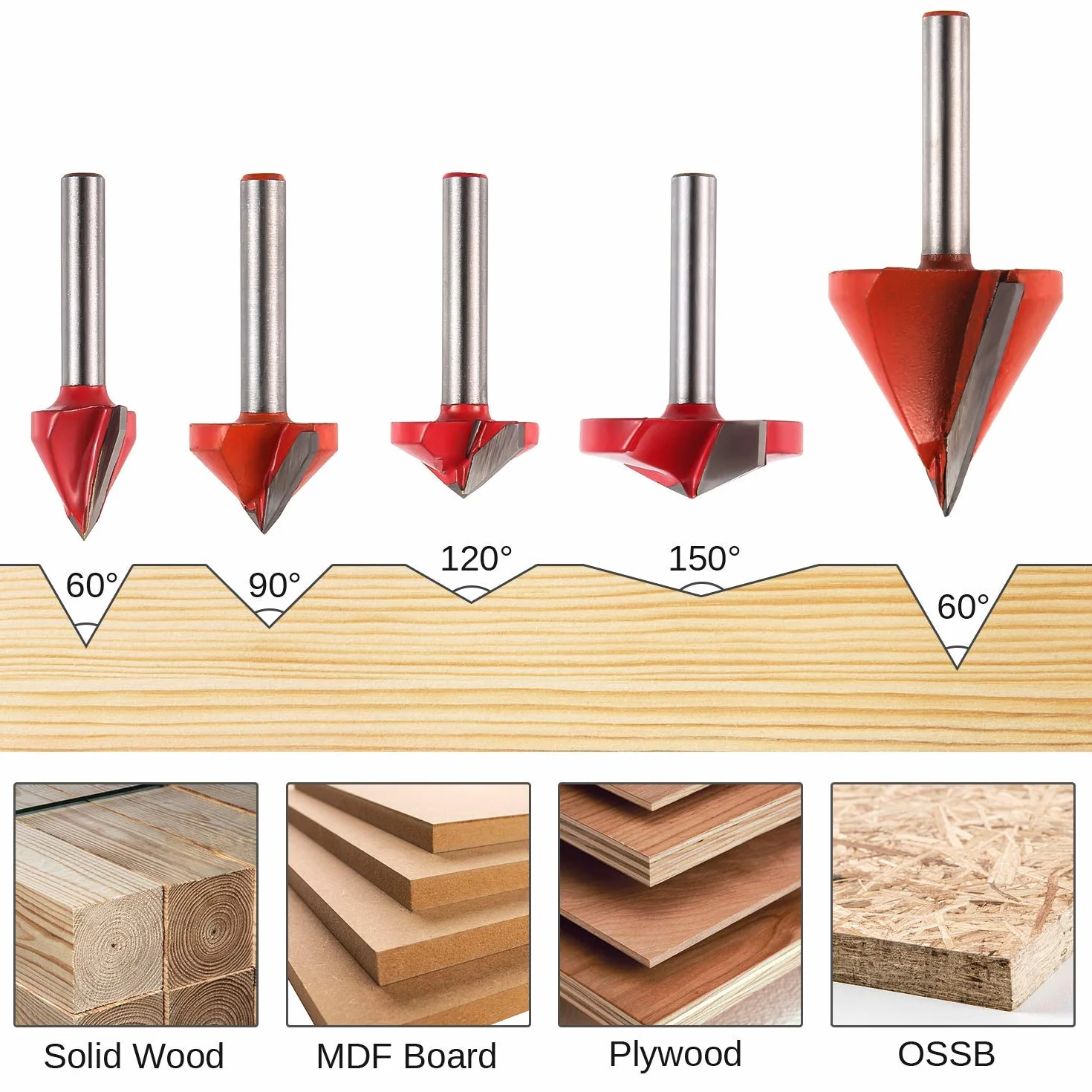 Genmitsu Zestaw frezów do rowków w kształcie litery V, kąt 60°, 90°, 120°, 150°, trzpień 6 mm, 3D V, frez do drewna, do grawerowania CNC, VG05A