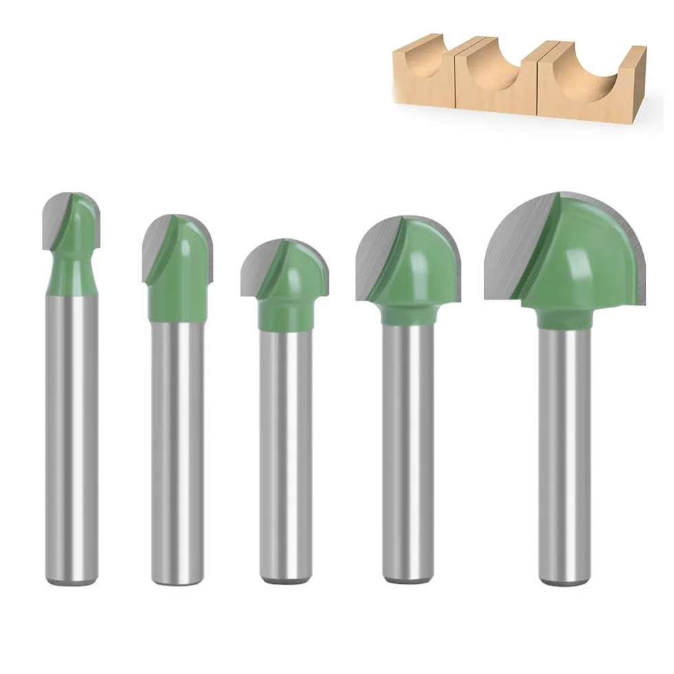 Frez górnowrzecionowy, 6 mm, 5 sztuk, okrągły nos, frez Cove Core Box, frez do obróbki drewna, frez z twardego metalu, frez kulowy, zielony, 6 mm/8 mm/10 mm/12 mm/18 mm